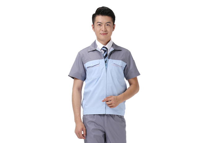 灰蓝拼色细斜纹夏季工作服套装厂服（可定制公司LOGO印刷或刺绣）